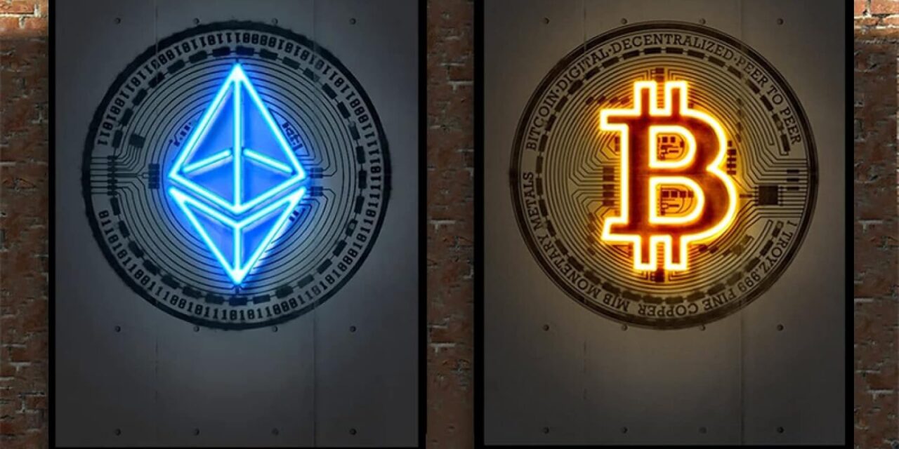 Moderne Abstrakte Neon-Stil Bitcoin Und Ethereum Kunst Poster 2 Stücke Leinwand Malerei Wanddruck Bild Für Wohnzimmer Wohnkultur 60Cmx80Cmx2Pcs Kein Rahmen